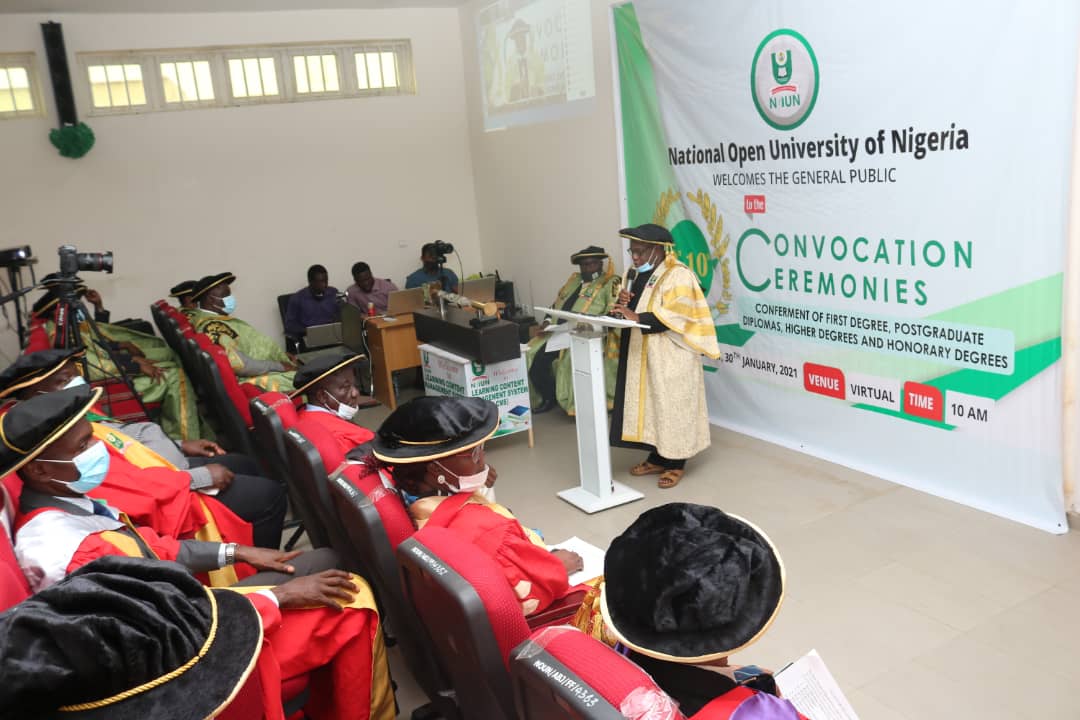 Outgoing VC,Prof.Abdalla Uba Adamu,elivering his speech in a hall attended by members of the academic procession.