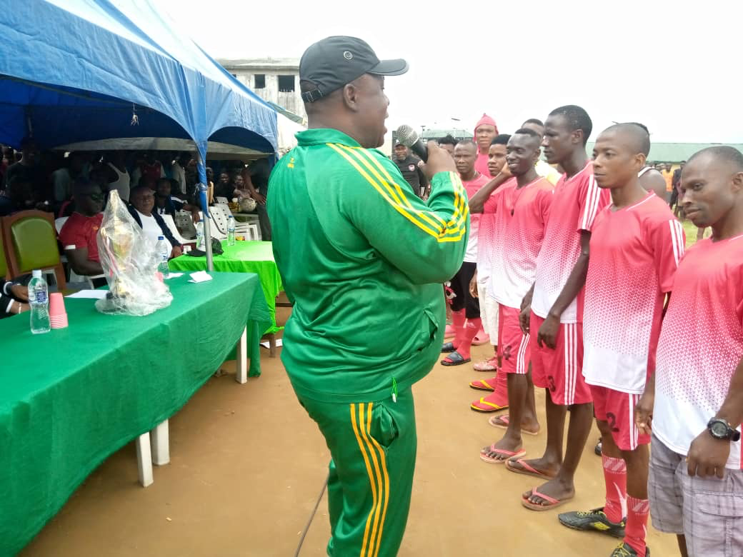 Deputy comptroller of corrections,Mr.Bryan Etim,addressing the soccer teams before kickoff during the final match