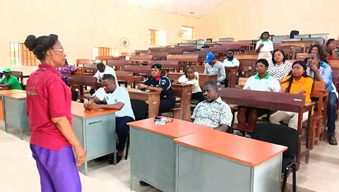 Director, Calabar Study Centre,Prof. Onyeka Iwuchukwu,addressing freshmen during the orientation excercise