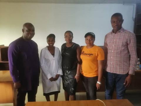 R(1) Dr Nkata, (L -1) Dr Nwadinaobi , (L- 2) Miss Idika Otunwa and others in group photo during seminar presentation at Asaga - Ohafia Community Study Centre, Abia State.