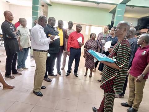 Middle: NUC team Leader, Prof, Onimhawo in agroup photo with Professors, Uduma, Onyia, Ukpokow, Adewara,Osuji, Associate Prof. Olayiwoli,Dr.Okoronkwo,Gr.Adegboyega,Mrs.Akaba,Mrs.Amuzie,Mrs Rachel and the centres senior staff